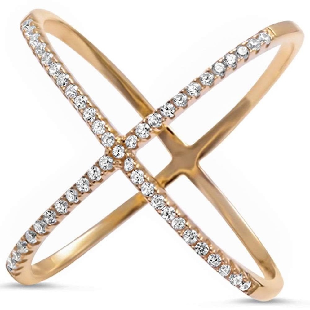 Womens Sterling Silver‎ .925 Gold Tone Criss-Cross Zirconia Cocktail Ring Size 7
